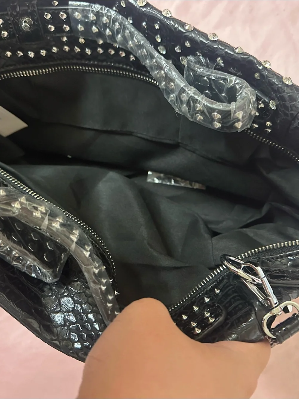 Black Faux Snakeskin Studded Satchel Shoulder Bag Y2K